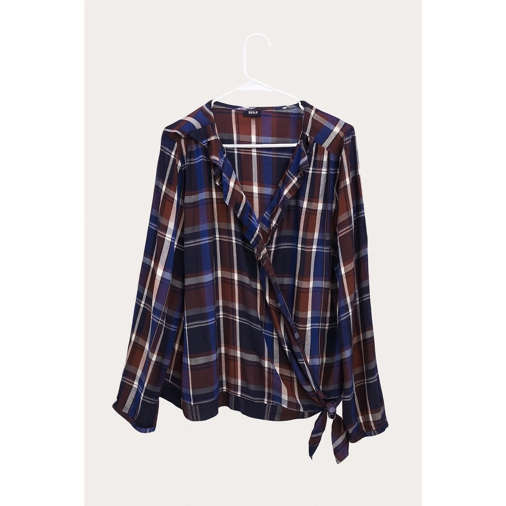 A New Approach a.n.a XL Brownโ Blue Plaid Tie Ruffle Front Blouse Long Sleeve
